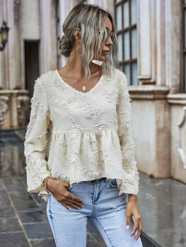 Peplum Blouse with Feather Cut Texture and V-Neck