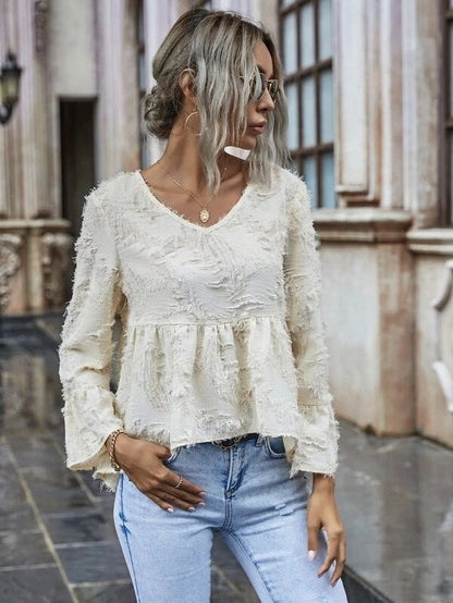 Peplum Blouse with Feather Cut Texture and V-Neck