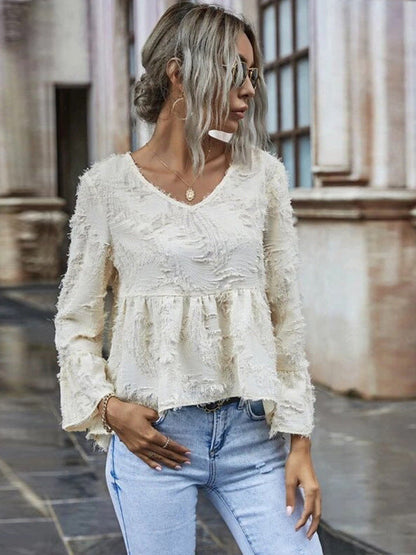 Peplum Blouse with Feather Cut Texture and V-Neck