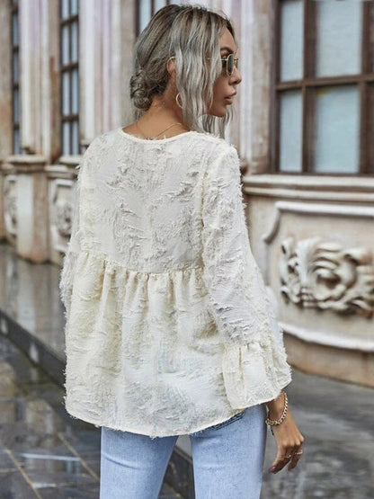 Peplum Blouse with Feather Cut Texture and V-Neck