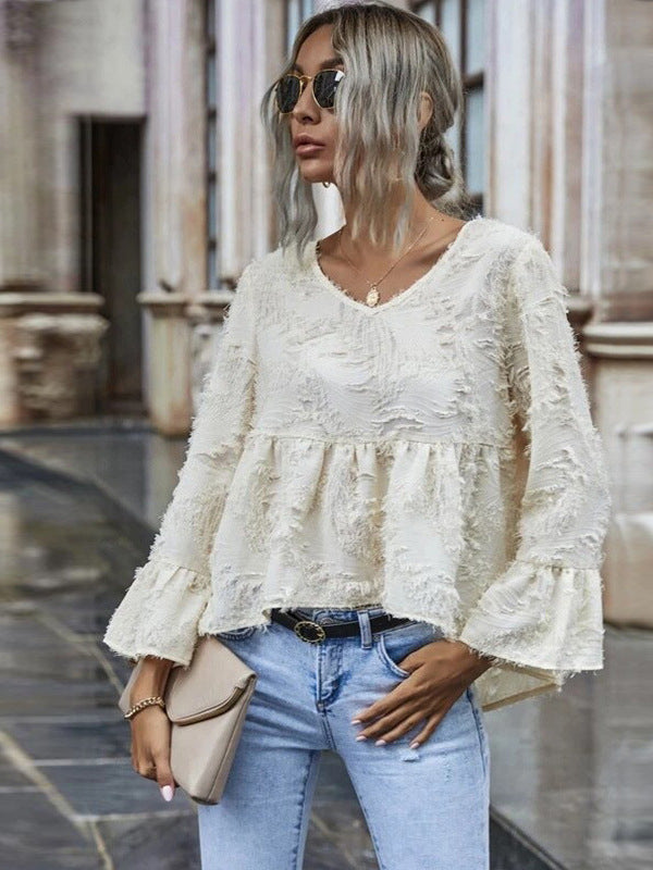 Peplum Blouse with Feather Cut Texture and V-Neck