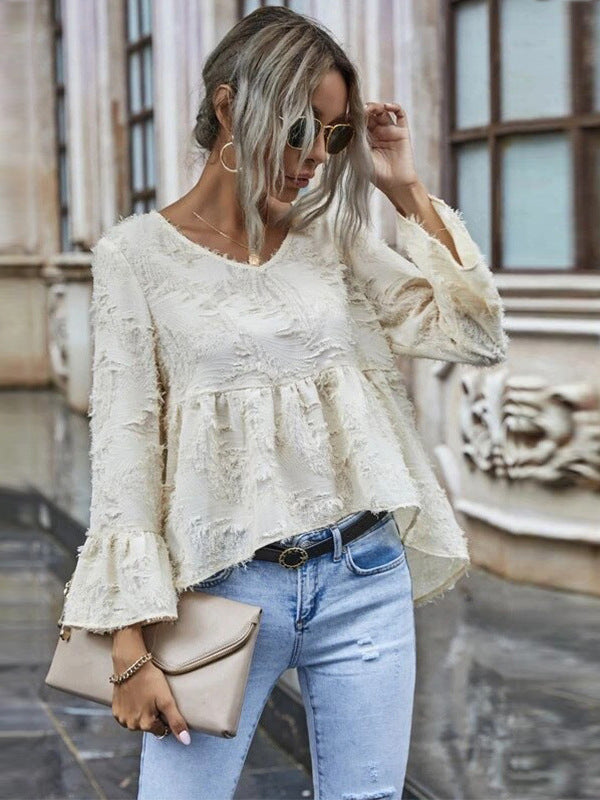 Peplum Blouse with Feather Cut Texture and V-Neck