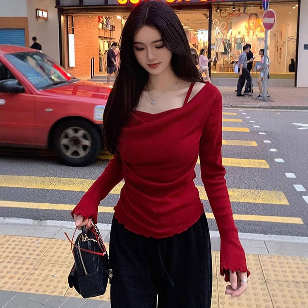 Swing Collar Long-Sleeve Knit Top with Strap Detail