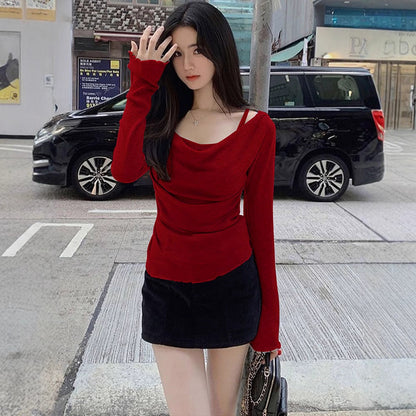 Swing Collar Long-Sleeve Knit Top with Strap Detail