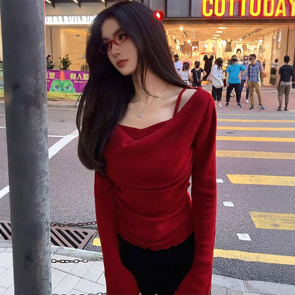 Swing Collar Long-Sleeve Knit Top with Strap Detail