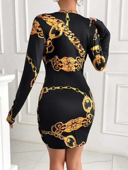 Gold Chain Print Bodycon Dress with V-Neck and Twisted Front