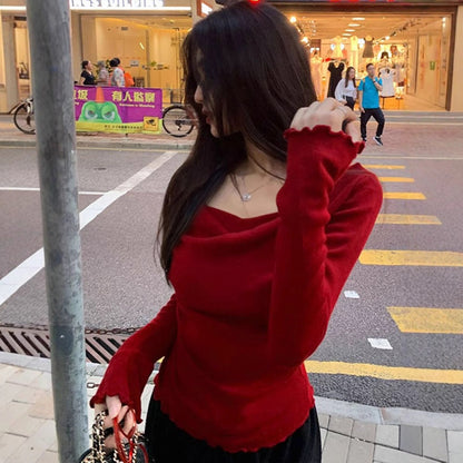 Swing Collar Long-Sleeve Knit Top with Strap Detail