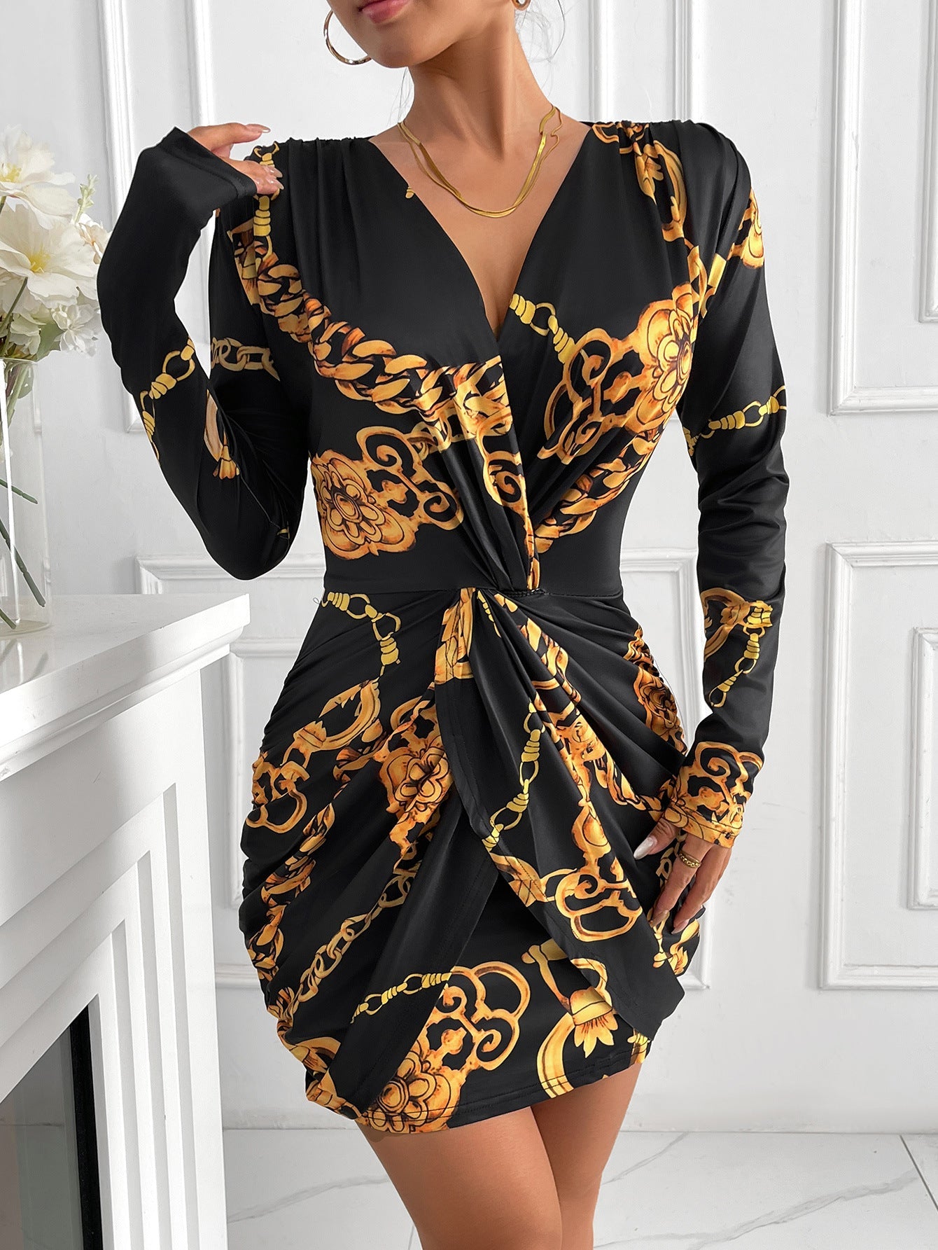 Gold Chain Print Bodycon Dress with V-Neck and Twisted Front