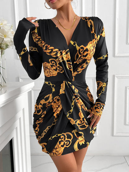 Gold Chain Print Bodycon Dress with V-Neck and Twisted Front