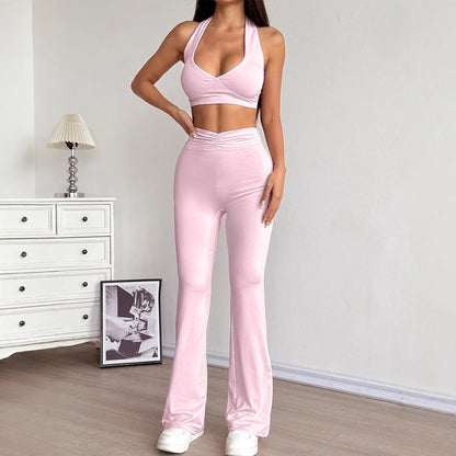 Halter Crop Top & Flared Pants Set with Ruched Waist