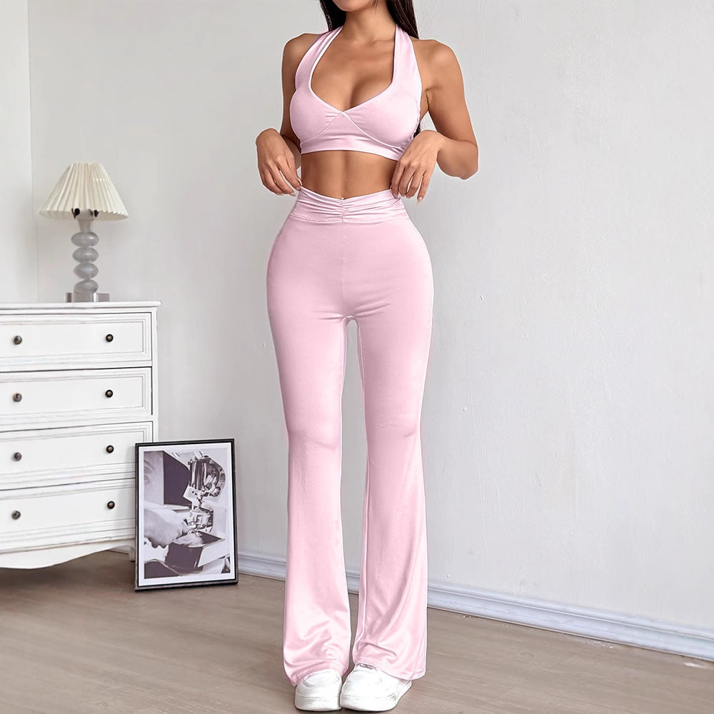 Halter Crop Top & Flared Pants Set with Ruched Waist