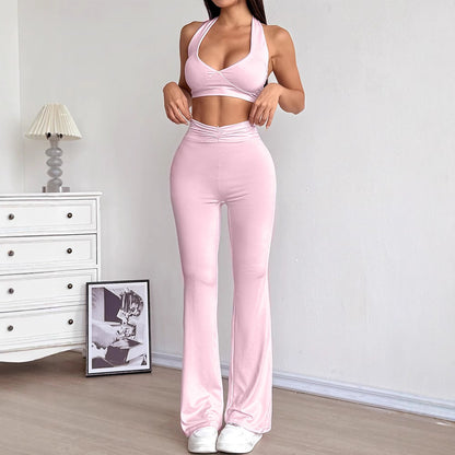Halter Crop Top & Flared Pants Set with Ruched Waist
