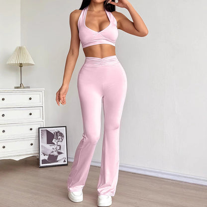 Halter Crop Top & Flared Pants Set with Ruched Waist