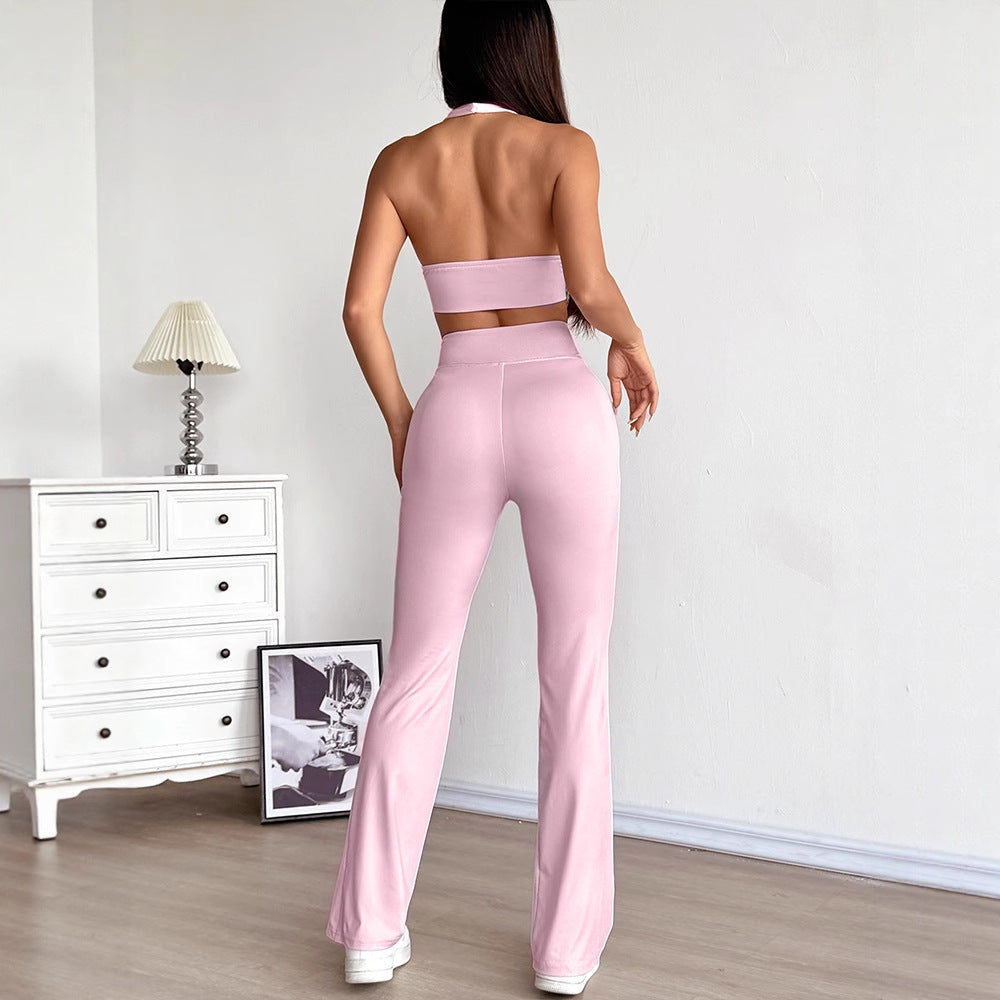 Halter Crop Top & Flared Pants Set with Ruched Waist