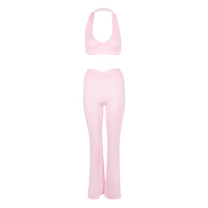 Halter Crop Top & Flared Pants Set with Ruched Waist