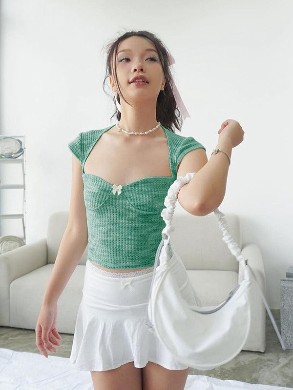 Slim-Fit Cropped Knit Top with Sweetheart Neck and Cap Sleeves