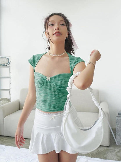 Slim-Fit Cropped Knit Top with Sweetheart Neck and Cap Sleeves