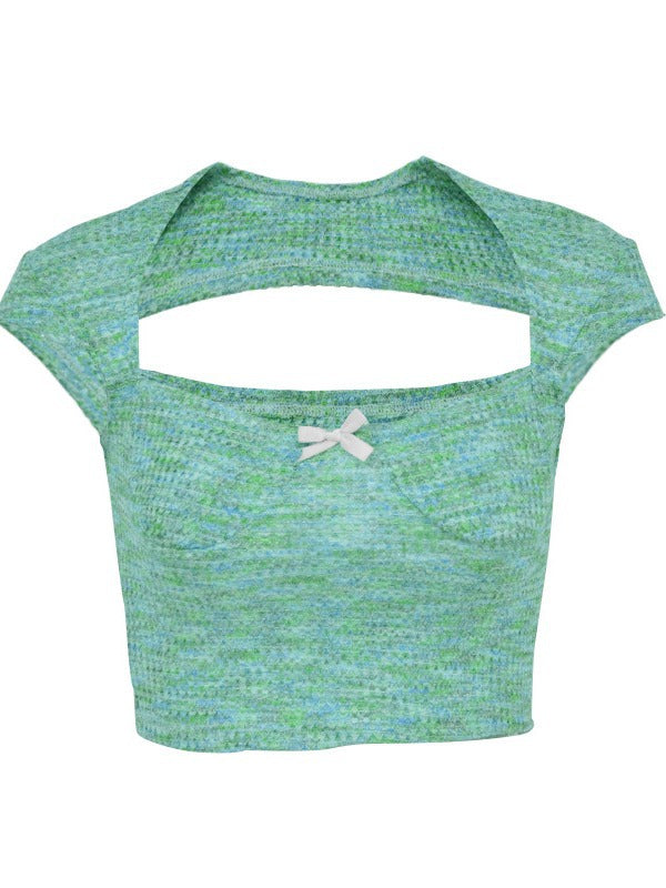 Slim-Fit Cropped Knit Top with Sweetheart Neck and Cap Sleeves