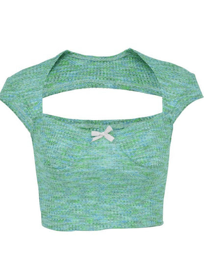 Slim-Fit Cropped Knit Top with Sweetheart Neck and Cap Sleeves