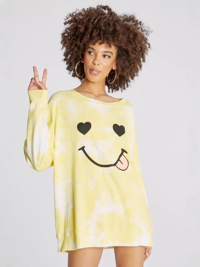 Tie-Dye Smiley Face Graphic Sweatshirt Dress with Long Sleeves
