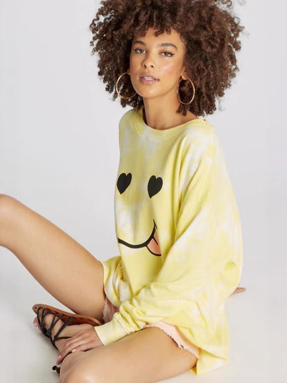 Tie-Dye Smiley Face Graphic Sweatshirt Dress with Long Sleeves