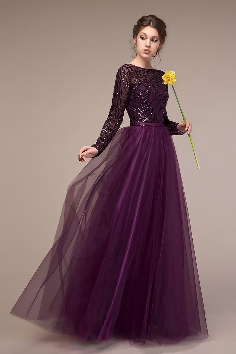 Sequined Maxi Dress with Long Sleeves and Tulle Skirt