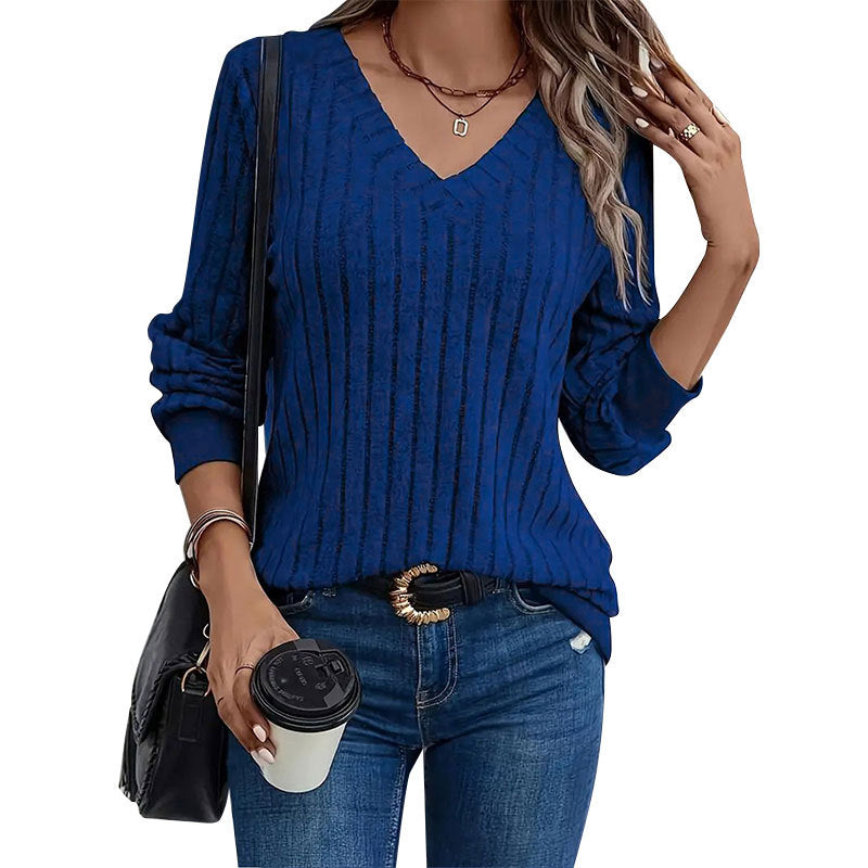 Solid Ribbed Knit Pullover with V-Neck and Long Sleeves