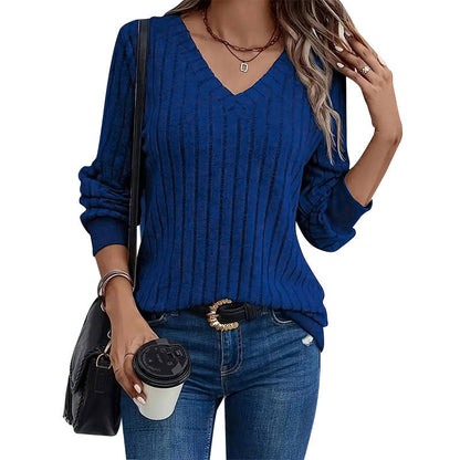 Solid Ribbed Knit Pullover with V-Neck and Long Sleeves