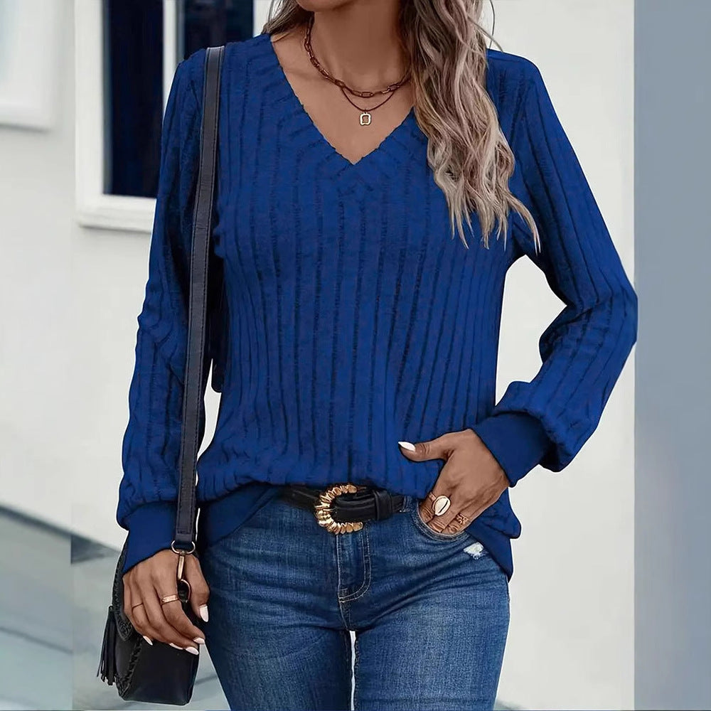 Solid Ribbed Knit Pullover with V-Neck and Long Sleeves