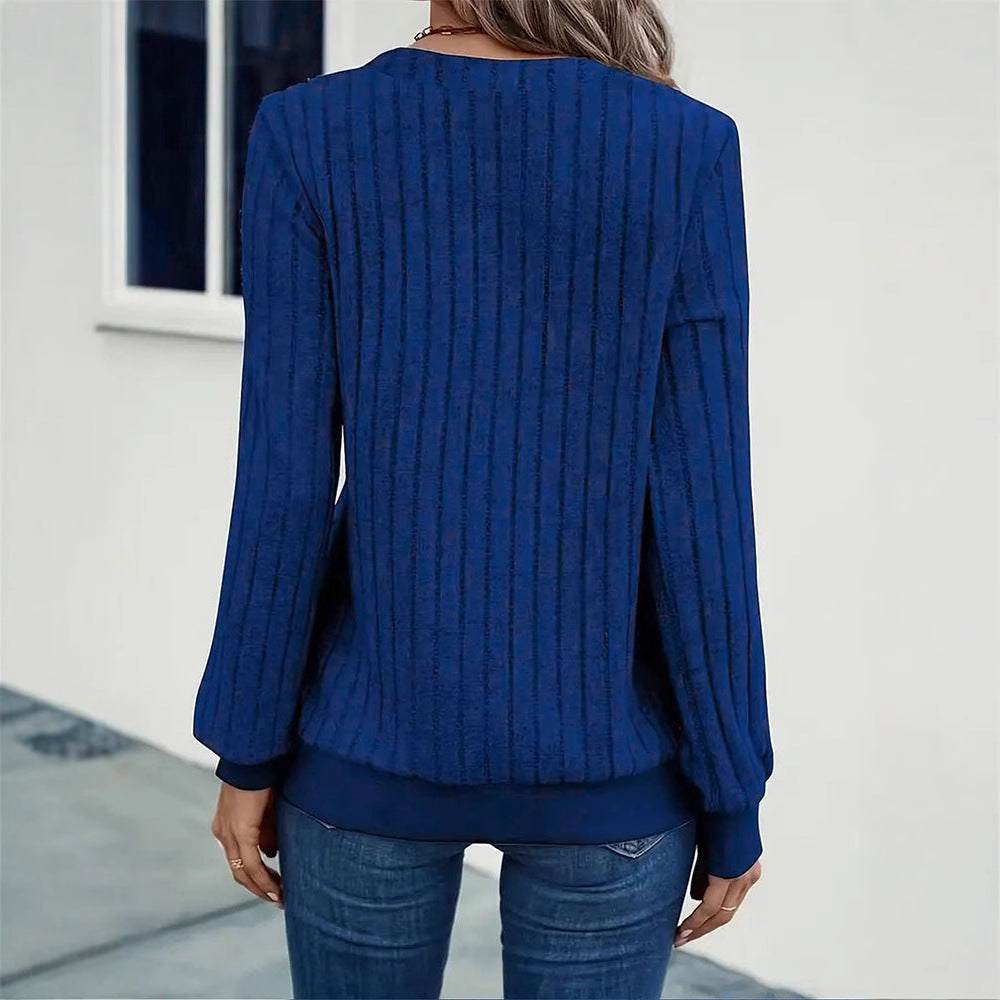 Solid Ribbed Knit Pullover with V-Neck and Long Sleeves