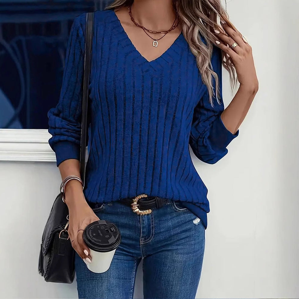 Solid Ribbed Knit Pullover with V-Neck and Long Sleeves