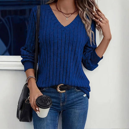 Solid Ribbed Knit Pullover with V-Neck and Long Sleeves