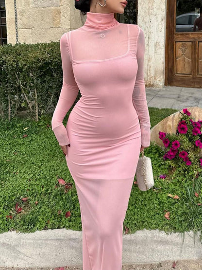 Bodycon Maxi Dress with High Collar and Mesh Overlay