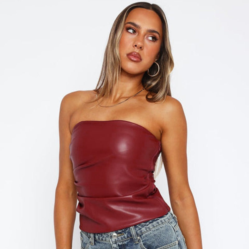Faux Leather Strapless Tube Top with Pleated Front