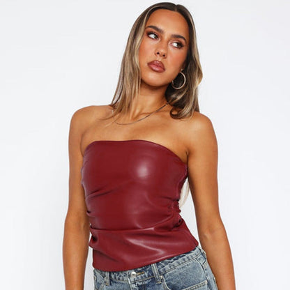 Faux Leather Strapless Tube Top with Pleated Front