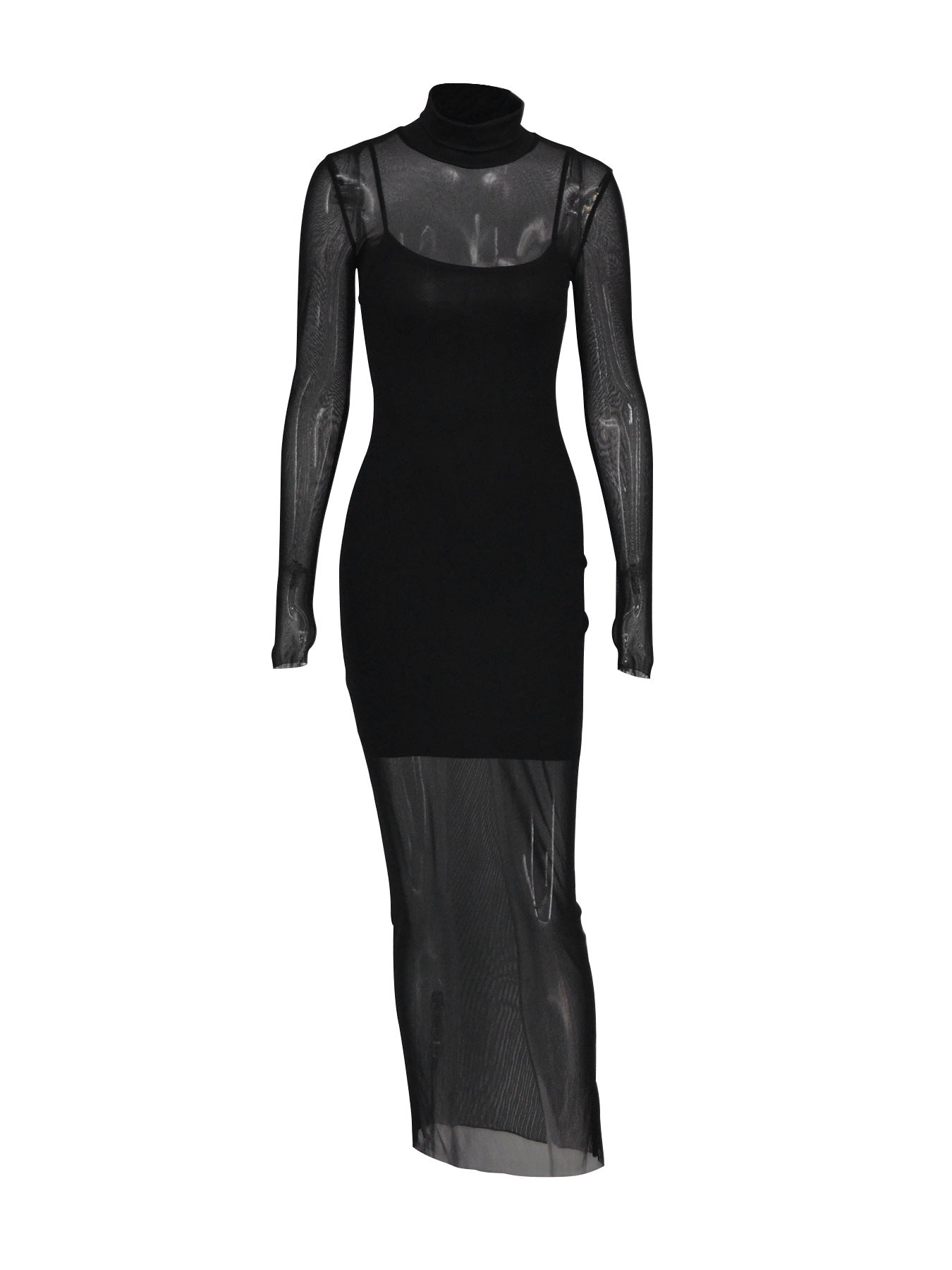 Bodycon Maxi Dress with High Collar and Mesh Overlay
