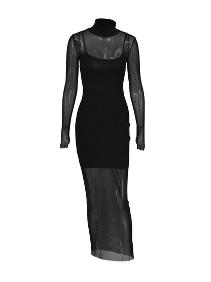 Bodycon Maxi Dress with High Collar and Mesh Overlay