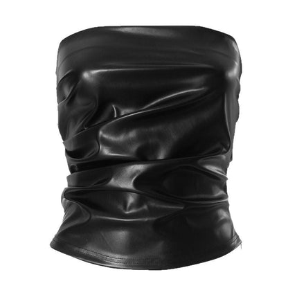 Faux Leather Strapless Tube Top with Pleated Front