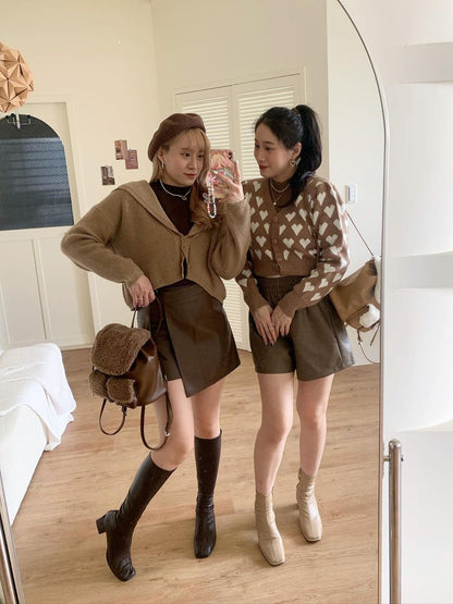 A-Line PU Short Skirt with High-Waist and Slit