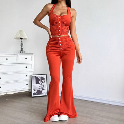 Solid Halter Crop Top and Flared Pants Set with Button Detail
