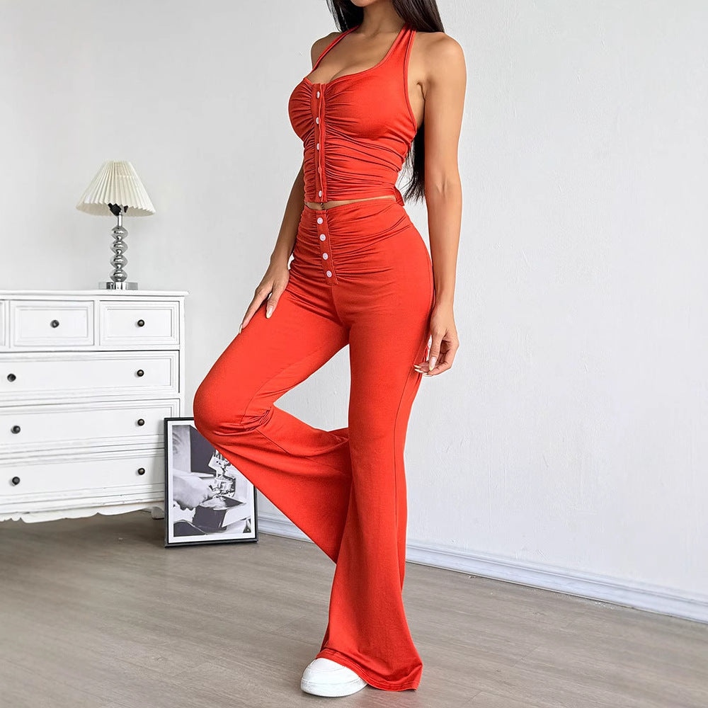 Solid Halter Crop Top and Flared Pants Set with Button Detail