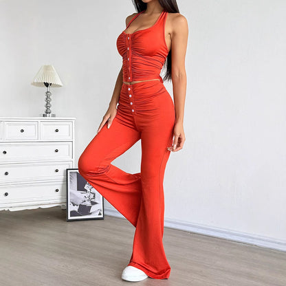 Solid Halter Crop Top and Flared Pants Set with Button Detail