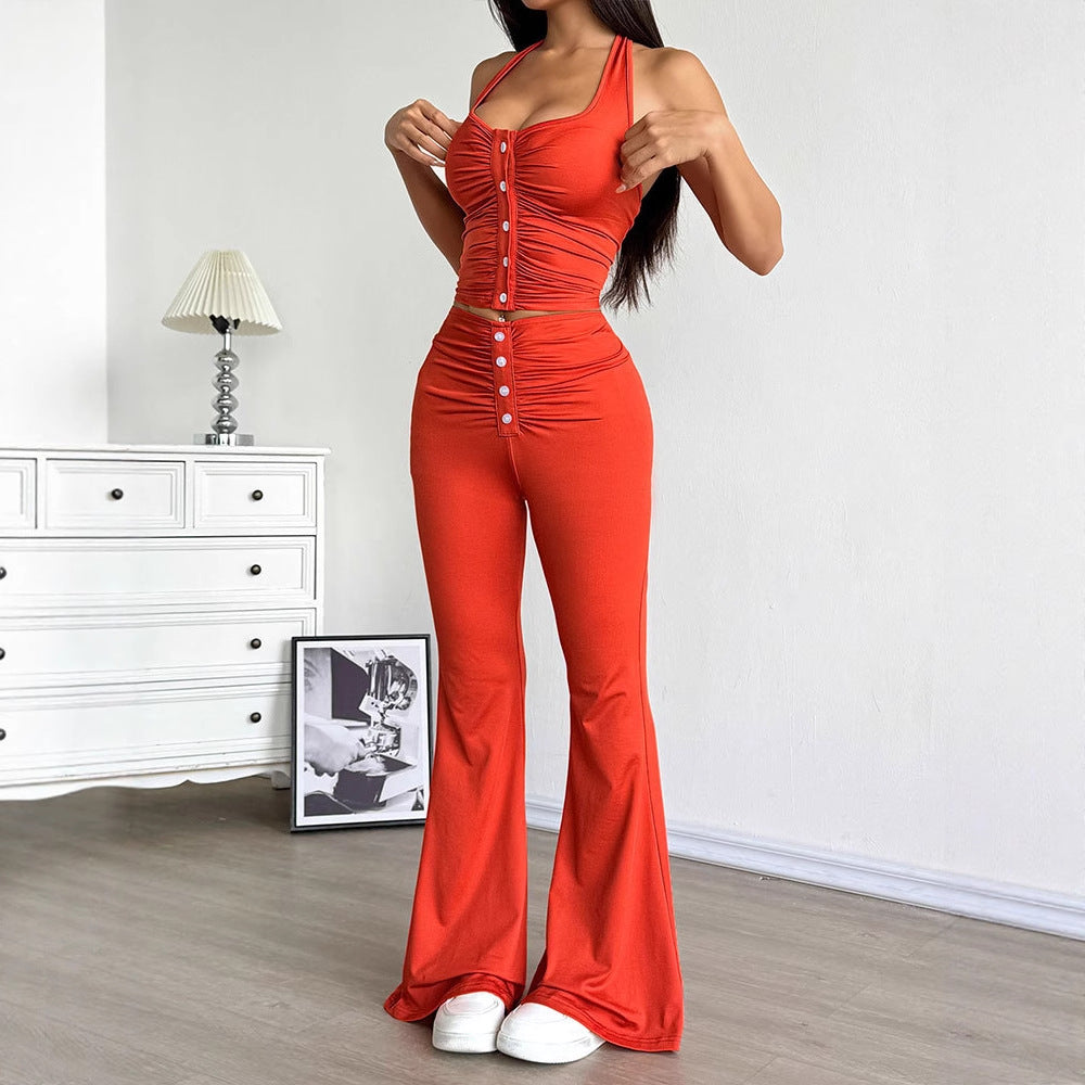 Solid Halter Crop Top and Flared Pants Set with Button Detail