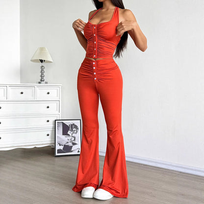 Solid Halter Crop Top and Flared Pants Set with Button Detail