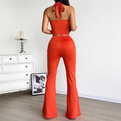 Solid Halter Crop Top and Flared Pants Set with Button Detail