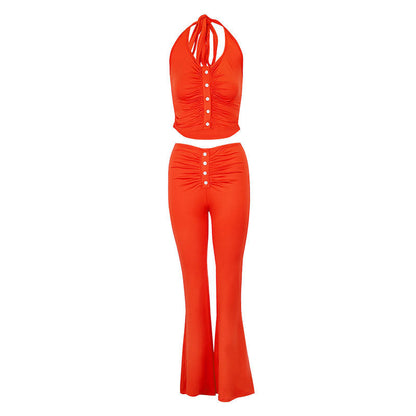 Solid Halter Crop Top and Flared Pants Set with Button Detail