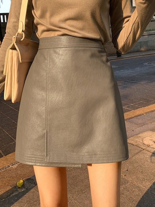 A-Line PU Short Skirt with High-Waist and Slit