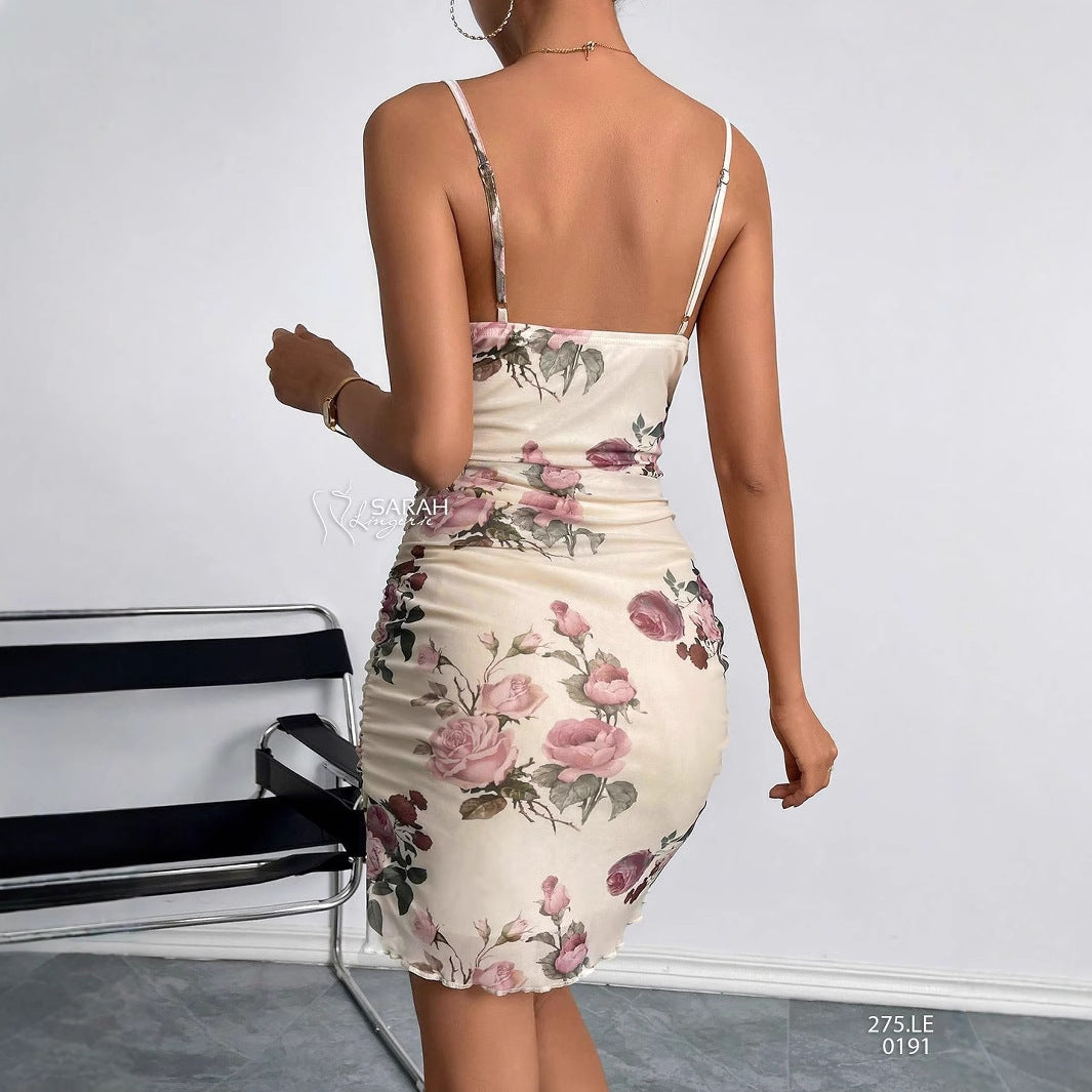 Rose Print Bodycon Mini Dress with Cowl Neck
