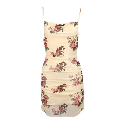 Rose Print Bodycon Mini Dress with Cowl Neck