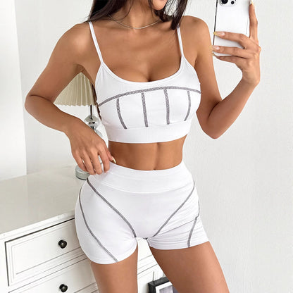 Contrast Stitching Crop Top & Shorts Set with Spaghetti Straps